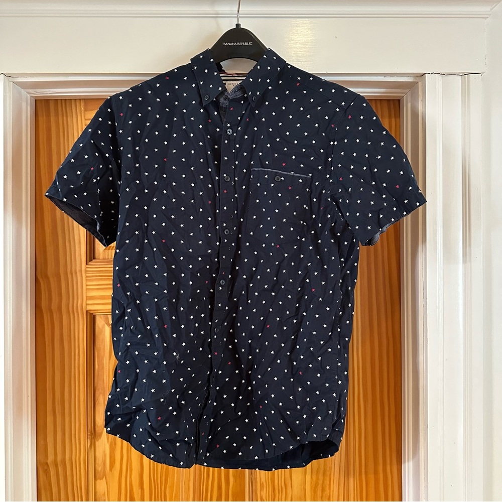 Navy Short Sleeve Button Up with stars size medium